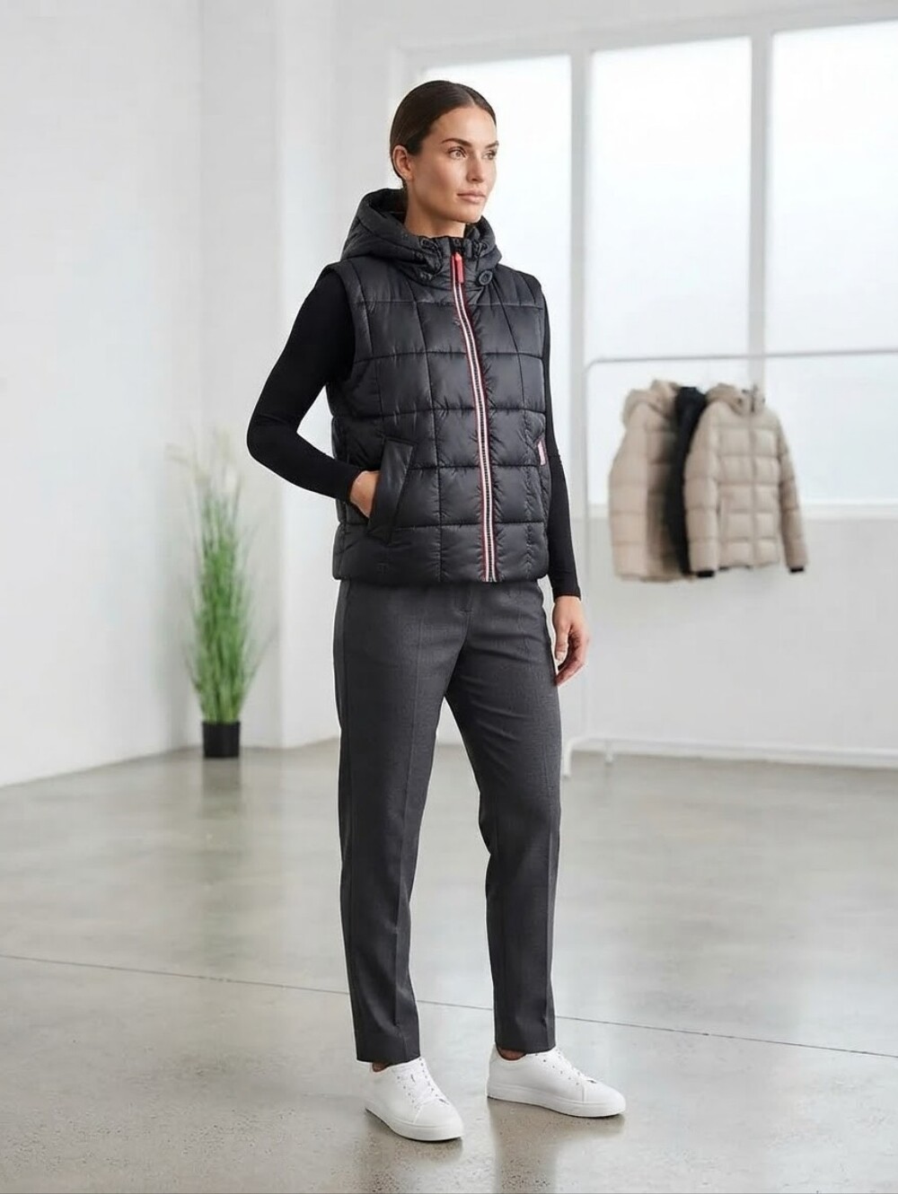 Hunter Black Quilted Hooded Vest with Red-Trim Zipper